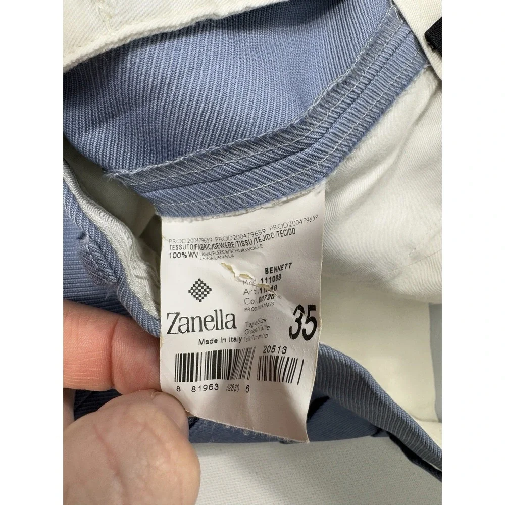 Zanella Bennett Blue Pleated Wool Dress Pants Mens 35x28 Cuffed Italy Designer
